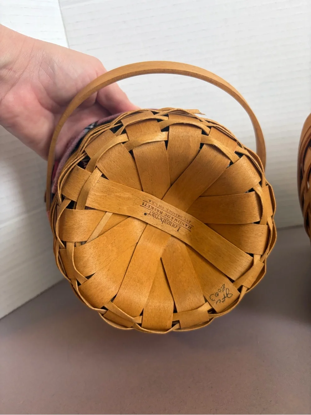 Longaberger Woven Basket Pair with Plaid Liner - Brown & Multicolor